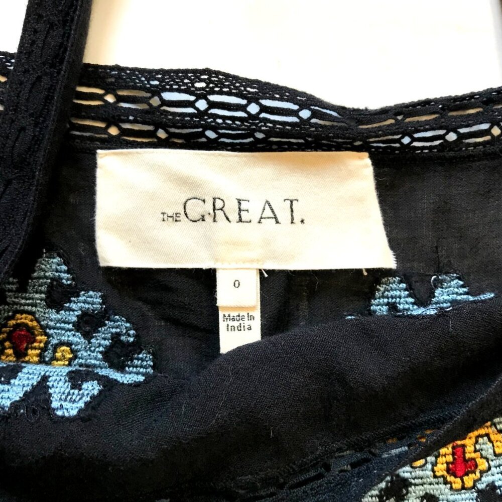 The GREAT Roam Tank Top Blouse Womens 0 Black Blue Folklore Embroidered Cotton - Picture 5 of 11